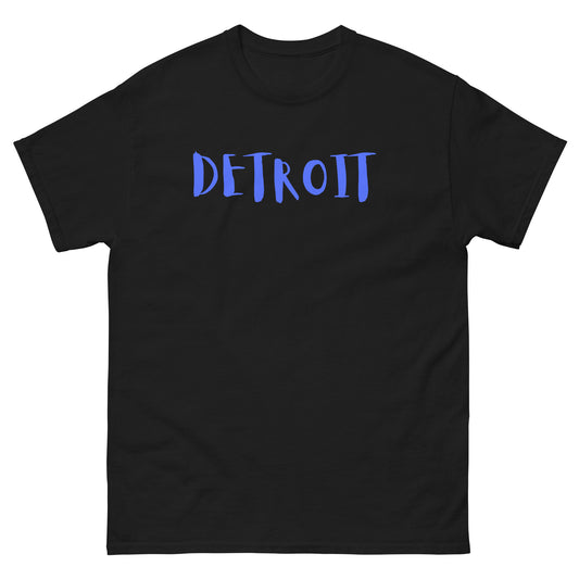 Black unisex classic tee with blue 'DETROIT' graphic print, perfect for trendy streetwear looks.